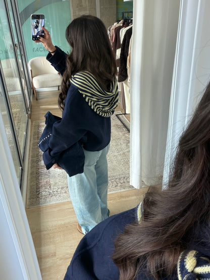 Striped Hooded Knit Scarf in Navy & Butter Yellow