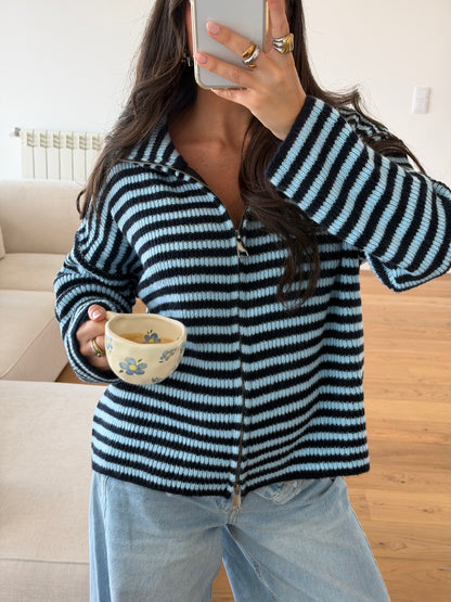 Blue & Navy Striped Zip Cardigan