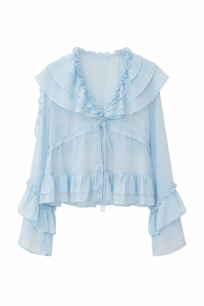 Ice Blue Sheer Ruffle Blouse