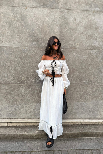 Two-Piece Set in White: Crop Top and Lined Maxi Skirt