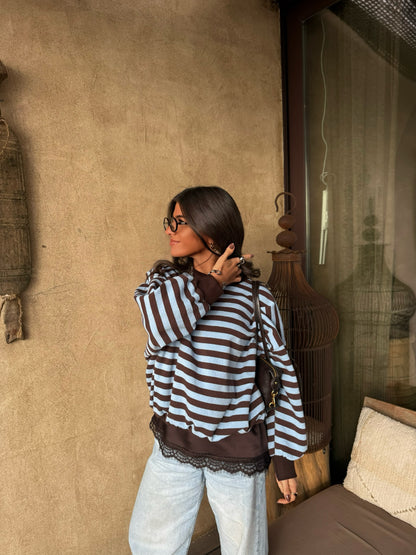 Blue & Chocolate Striped Fleece Sweatshirt