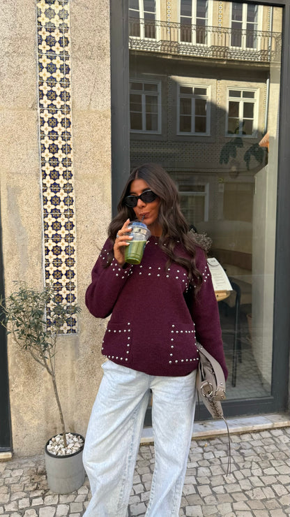 Wine Studded Knit Sweater