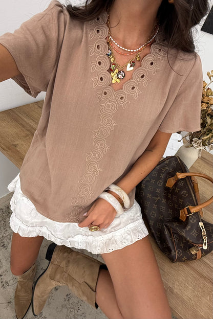 T-shirt with Embroidered Details in Taupe