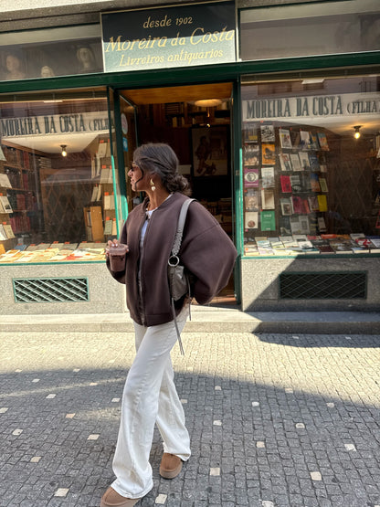 Love Back Bomber Jacket in Brown & Off-White