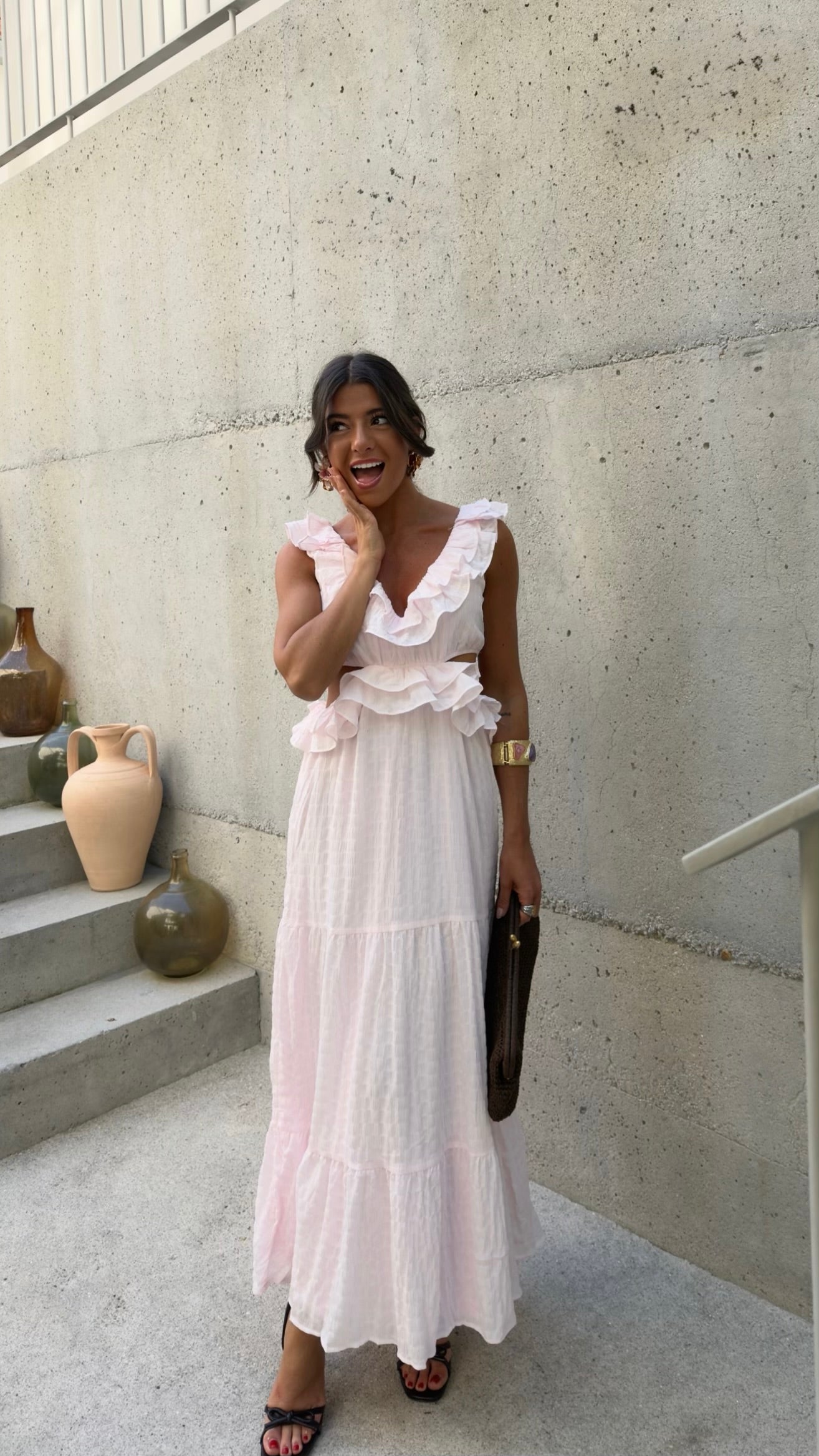Baby Pink Ruffle Cut-Out Maxi Dress