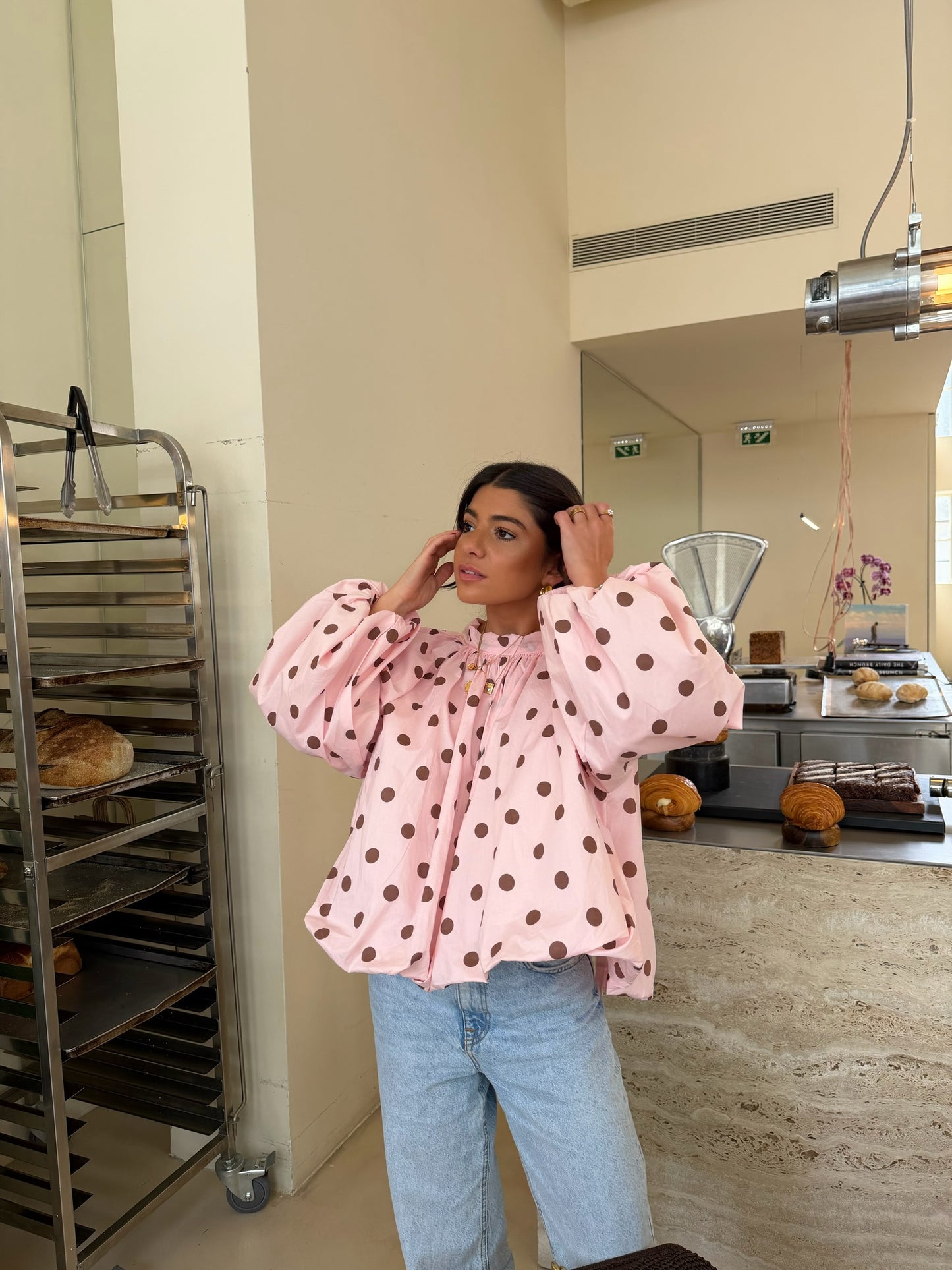 Pink Polka Dot Bow Back Blouse