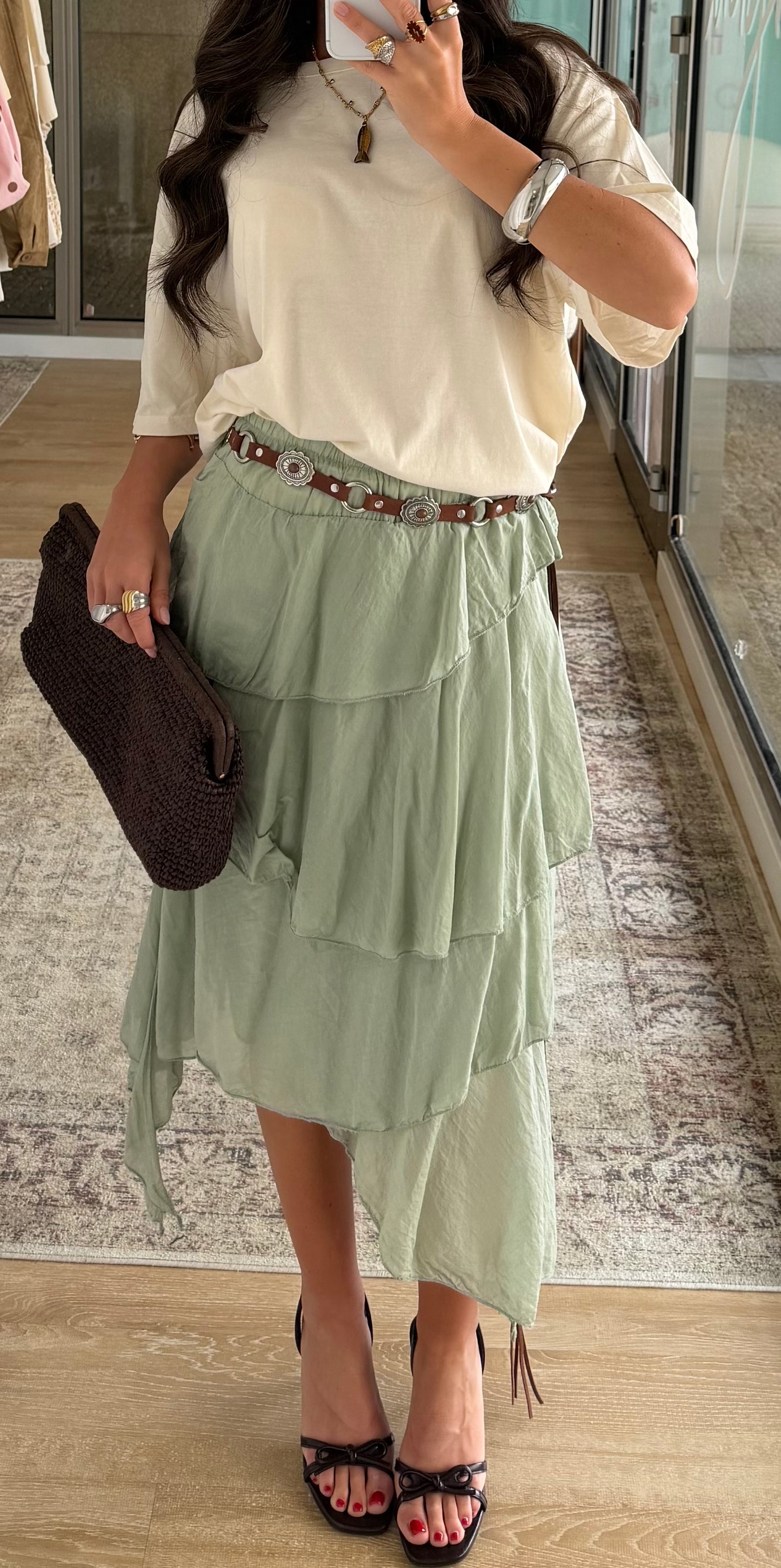 Sage Asymmetric Layered Skirt