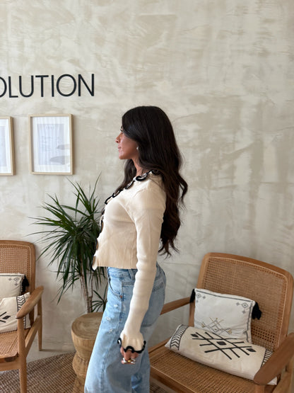 Cream Contrast Trim Cardigan