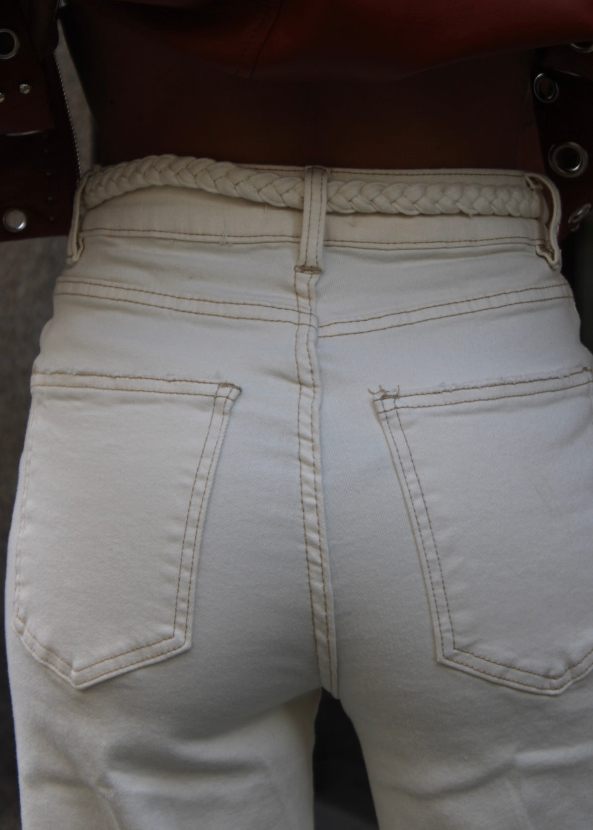 Wide-Leg Jeans with Braided Details in Off-White