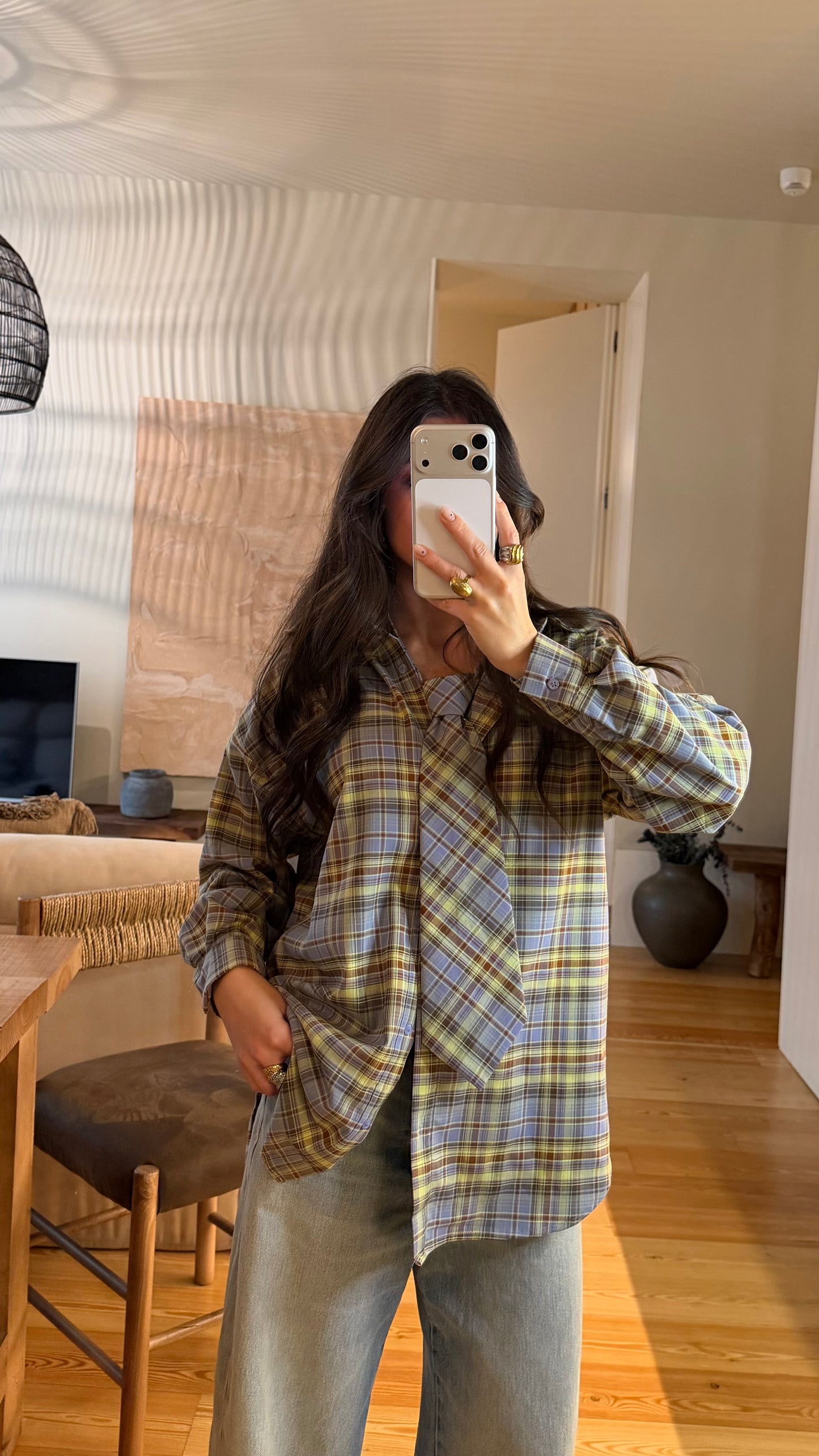 Plaid shirt with tie detail