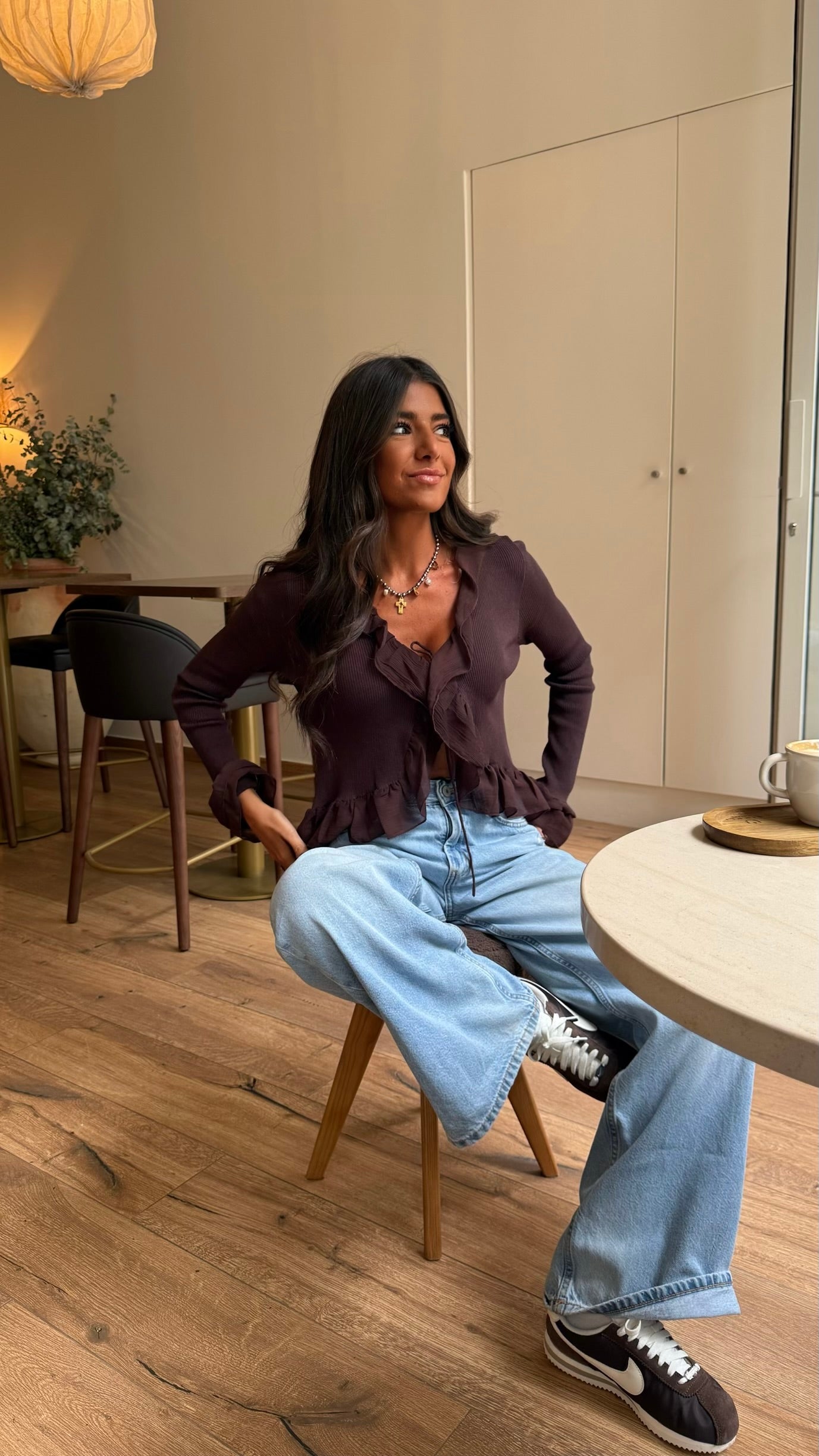 Brown Ruffle Trim Ribbed Blouse