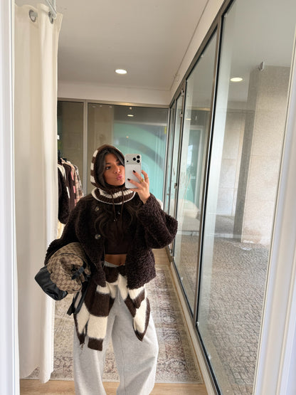 Brown & White Striped Knit Zip Jacket