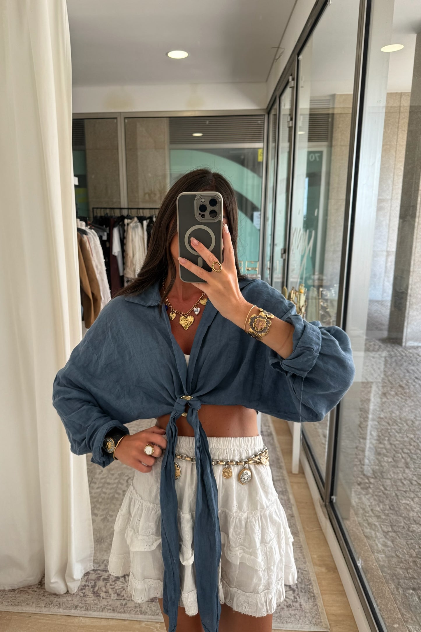 Smoky Blue Linen Shirt with Gold Ring Detail