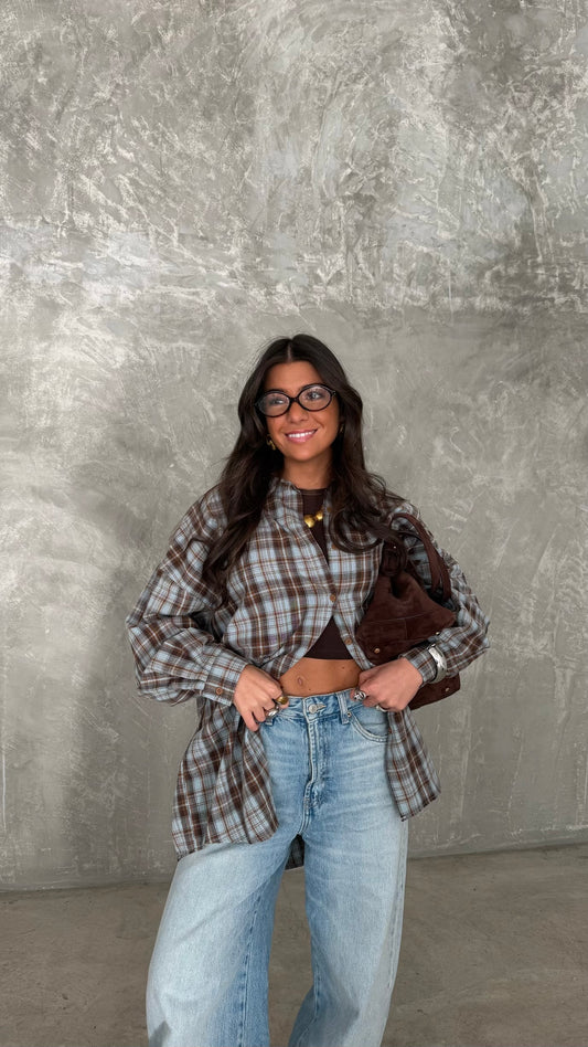 Plaid Shirt in Brown and Sky Blue Tones