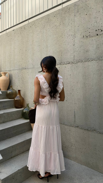 Baby Pink Ruffle Cut-Out Maxi Dress