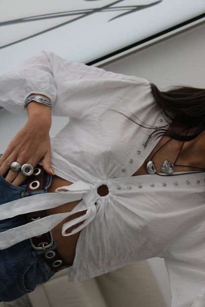 Cropped Top with Star Studs In White
