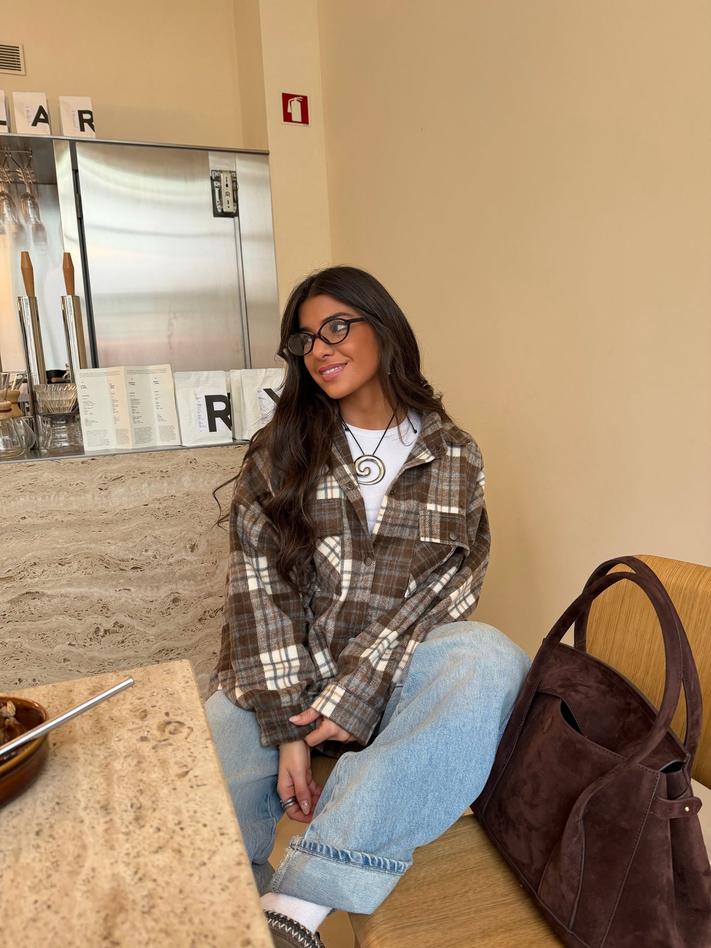 Coffee-Tone Plaid Overshirt