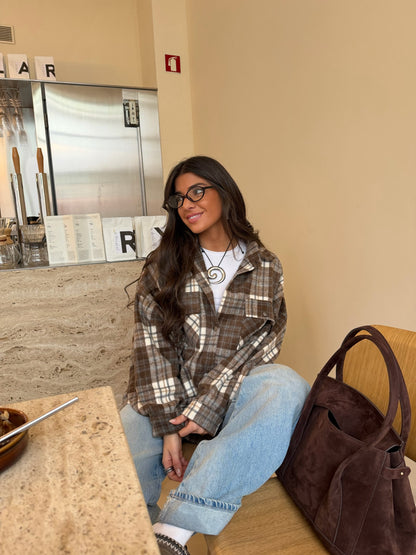 Coffee-Tone Plaid Overshirt