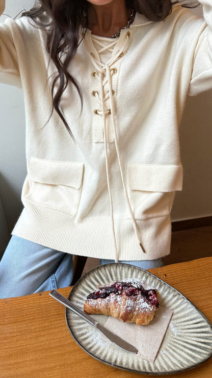 Ecru Knit Hoodie with Lace-Up Detail