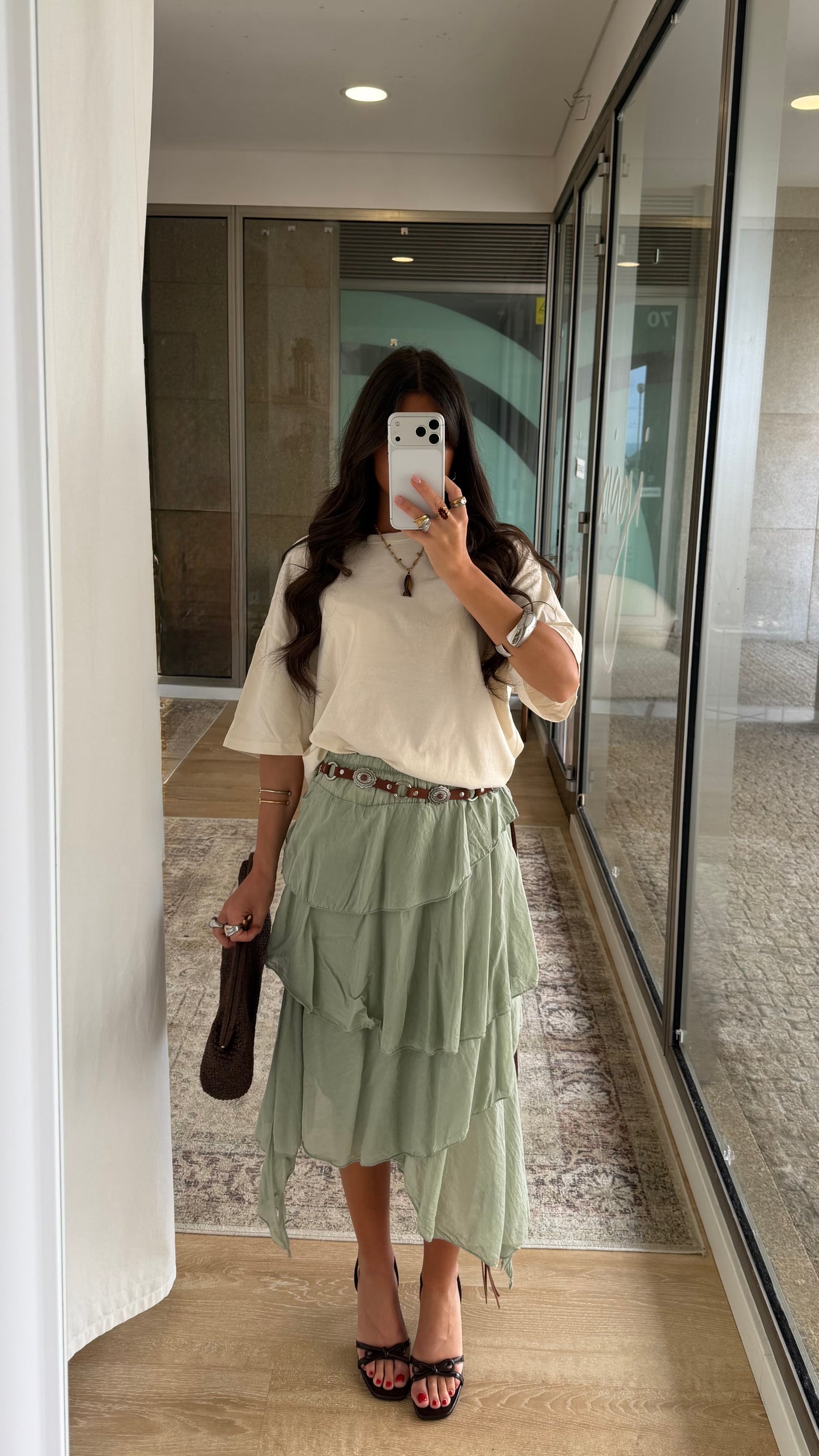 Sage Asymmetric Layered Skirt