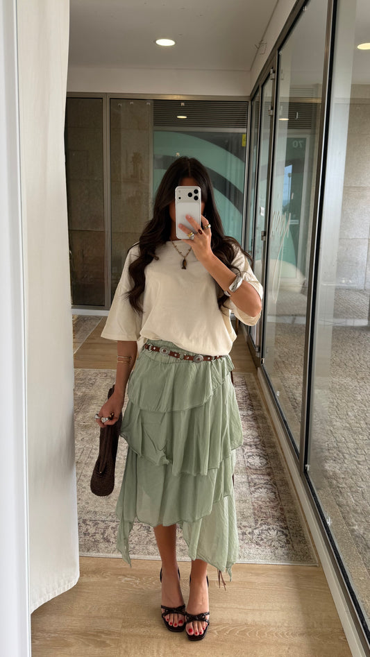 Sage Asymmetric Layered Skirt