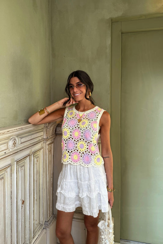 Pastel Bloom Crochet Top – Lilac & Butter Yellow