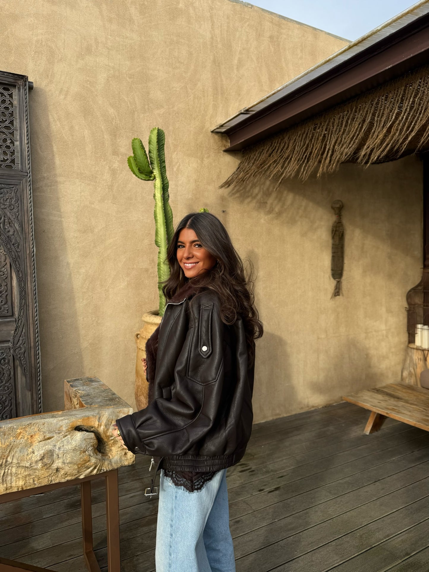 Chocolate Faux Fur Lined Aviator Jacket