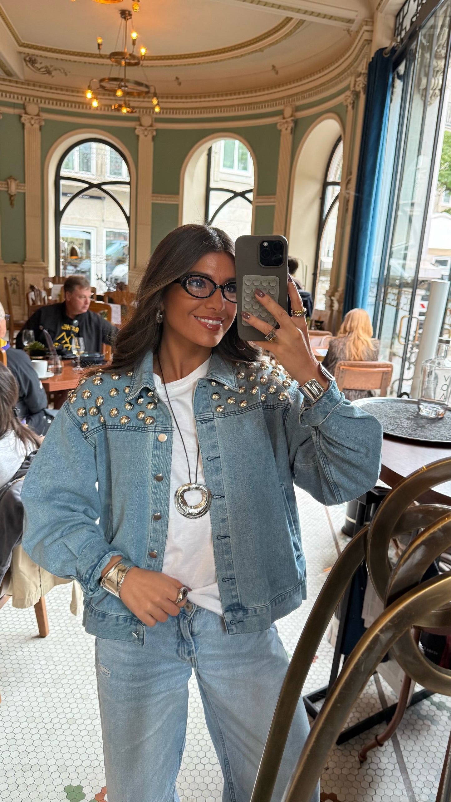 Soft Blue Denim Jacket with Bold Studs