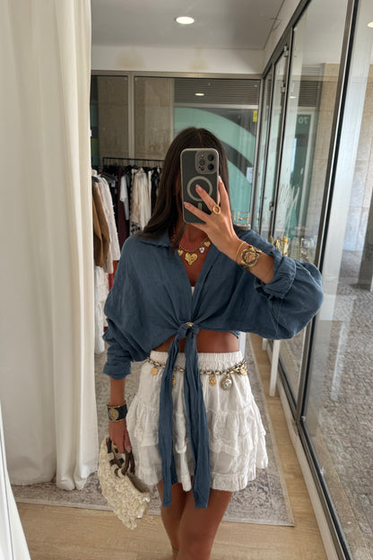 Smoky Blue Linen Shirt with Gold Ring Detail