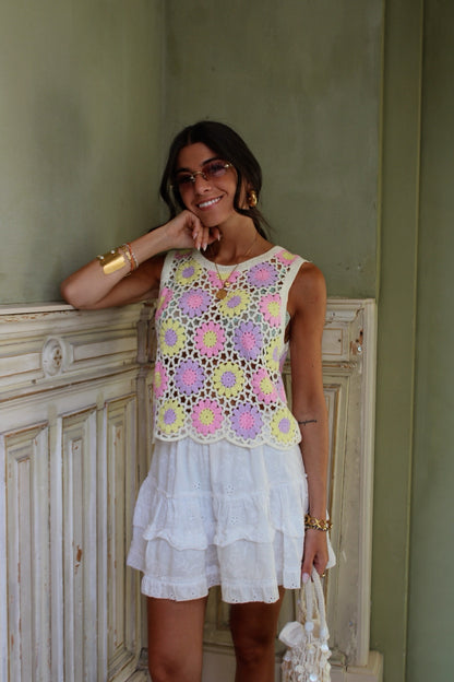 Pastel Bloom Crochet Top – Lilac & Butter Yellow