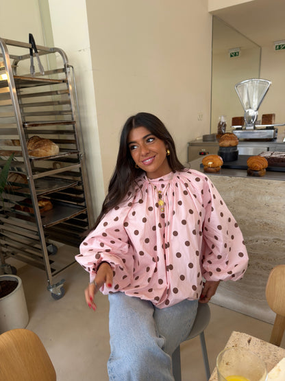 Pink Polka Dot Bow Back Blouse