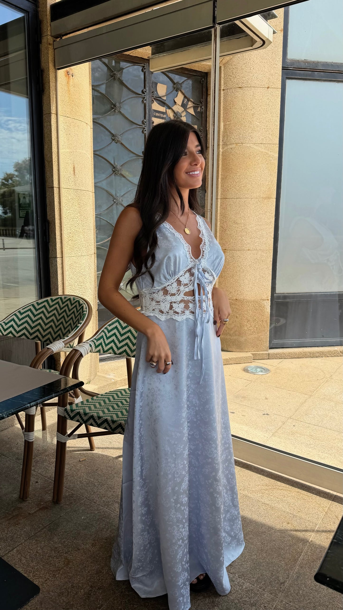 Blue Satin Lace Maxi Dress