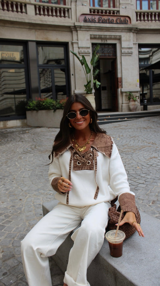 Lace-Up Knit & Denim Contrast Sweater in White & Brown