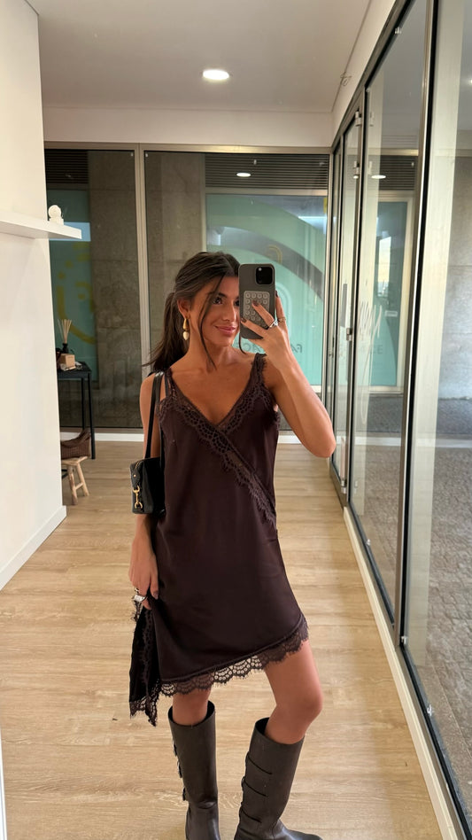 Asymmetric Lace Slip Dress in Chocolate