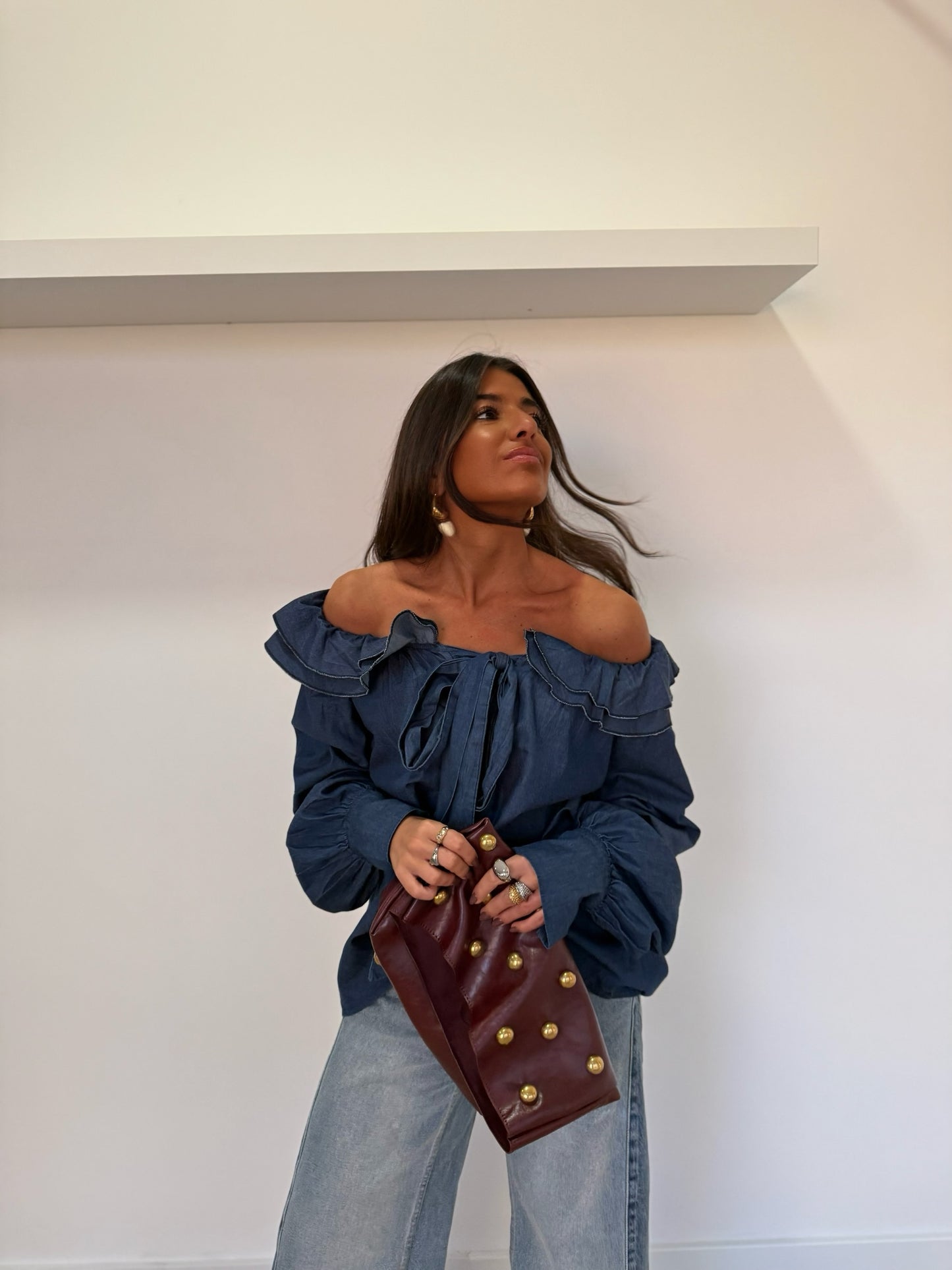 Soft Denim Ruffled Bow Blouse