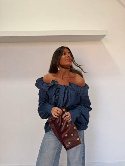 Soft Denim Ruffled Bow Blouse