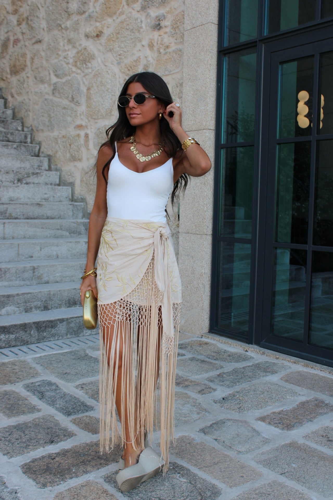 Golden-Detail Fringed Skirt