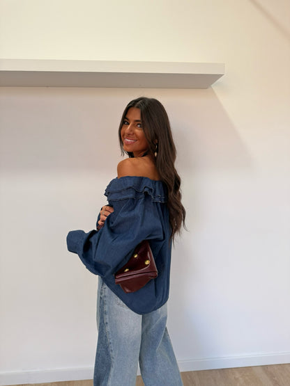 Soft Denim Ruffled Bow Blouse