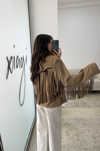 Suede-Effect Jacket with Fringe and Studded Details