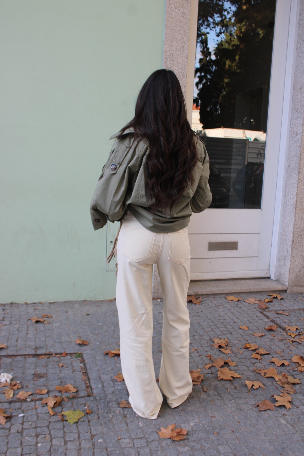 Cream Denim Pants with Eyelet Detail