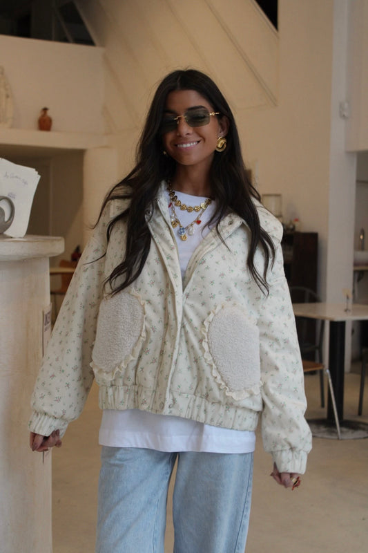 Floral Quilted Jacket with Fur Effect Pockets