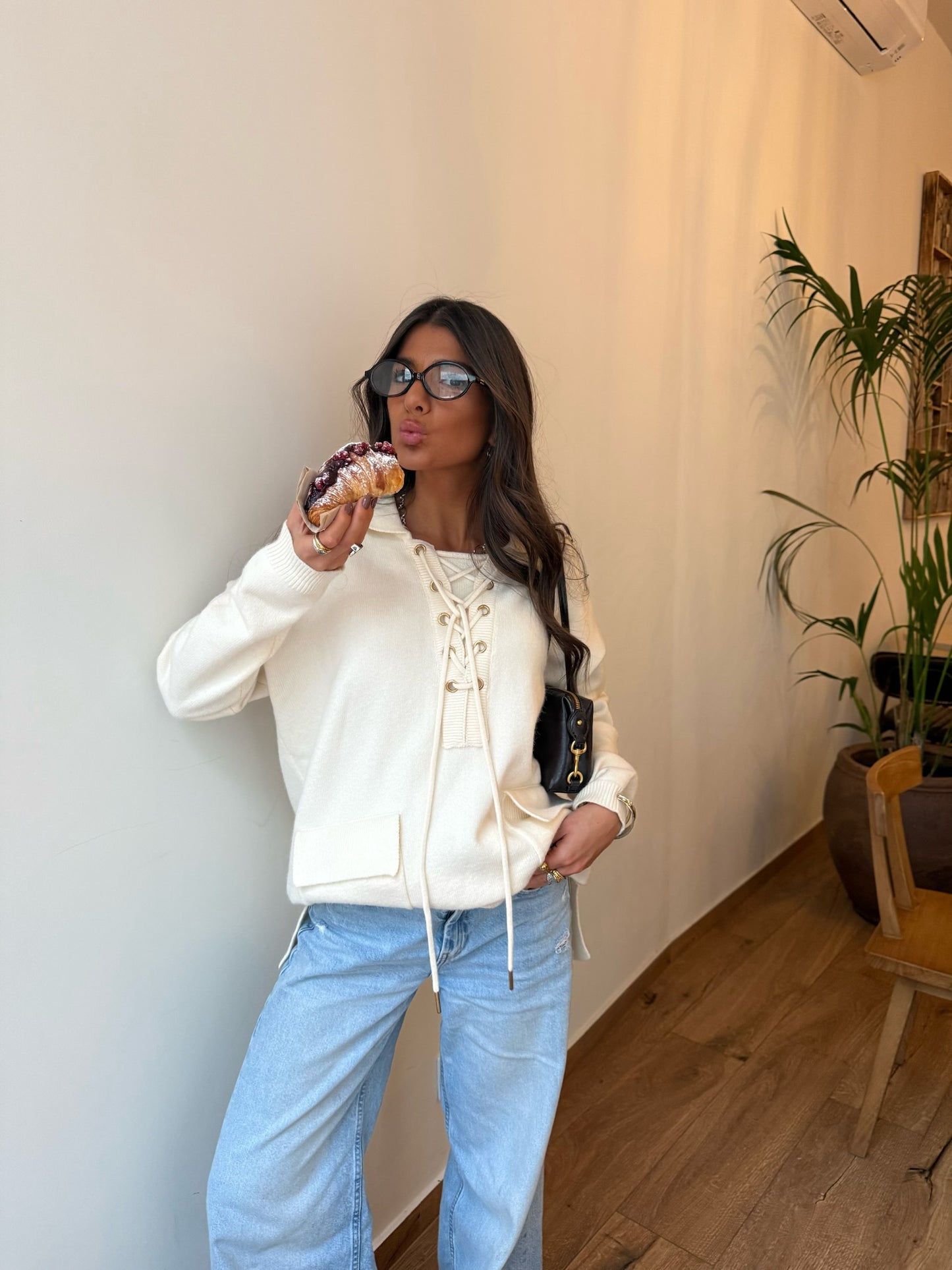 Ecru Knit Hoodie with Lace-Up Detail