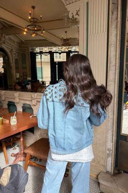 Soft Blue Denim Jacket with Bold Studs