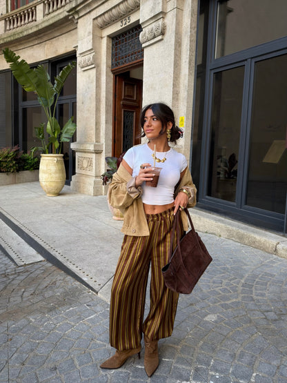 Mocha Stripe Balloon Satin Trousers