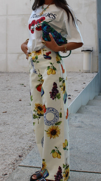 Wide-leg Jeans with Mediterranean-Inspired Prints