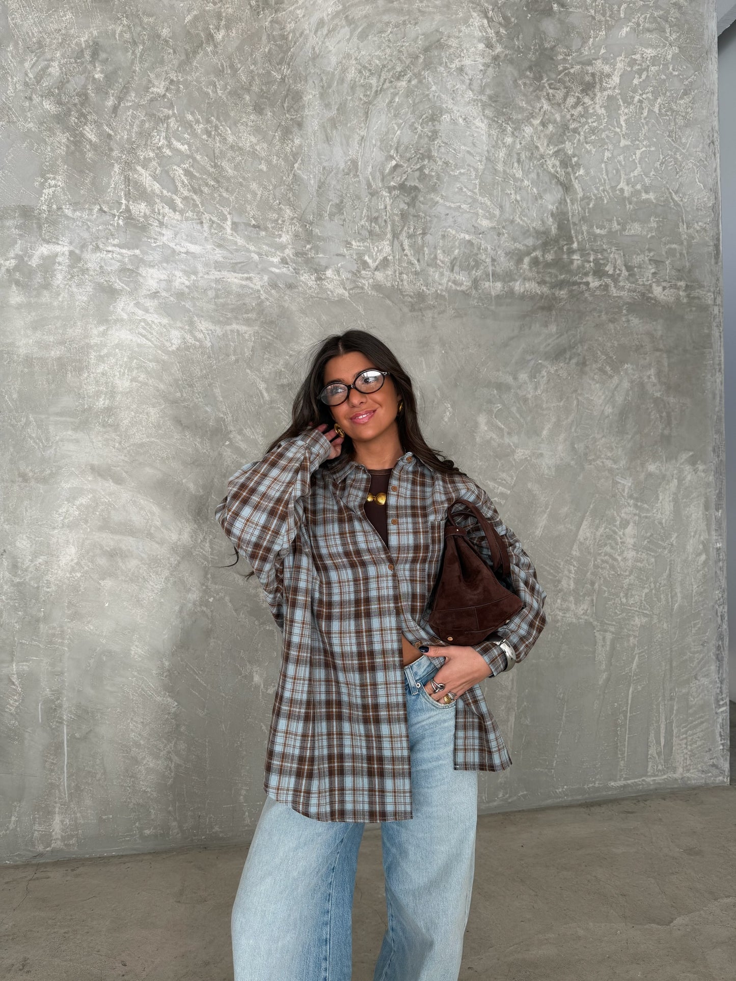 Plaid Shirt in Brown and Sky Blue Tones