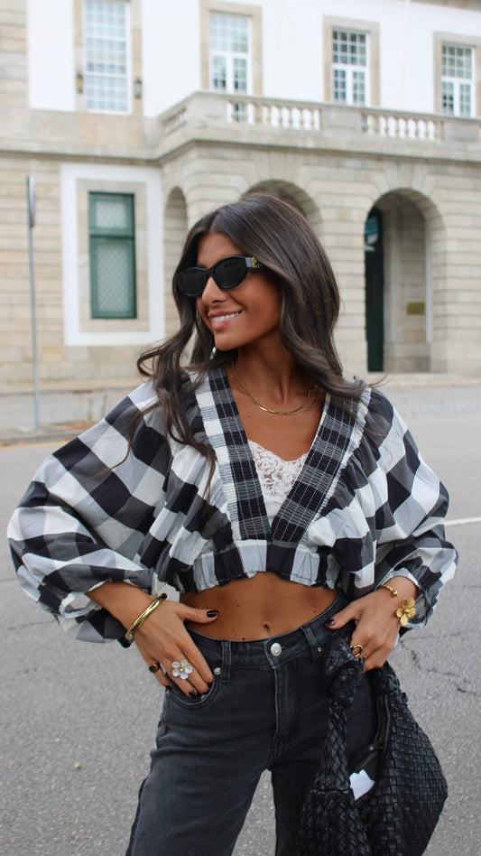 Black & White Vichy Crop Top with Balloon Sleeves