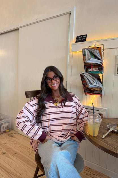 Rose & Burgundy Striped Polo Sweater