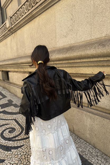 Biker Jacket with Faux Leather Fringe
