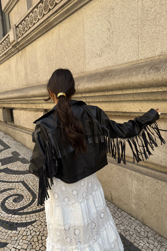 Biker Jacket with Faux Leather Fringe